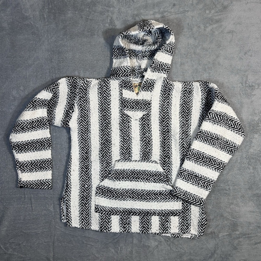 Baja Joe Black White Striped Mexican Hoodie Pullover Baja Surf Poncho Size‎ S